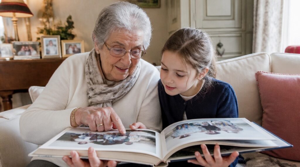 Une grand-mère et sa petite-fille feuillettent ensemble un album photo de famille sur un canapé