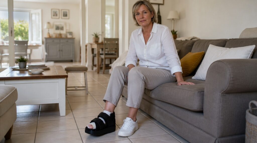 Femme assise sur un canapé, une chaussure de décharge de l’avant-pied au pied droit et une basket au pied gauche