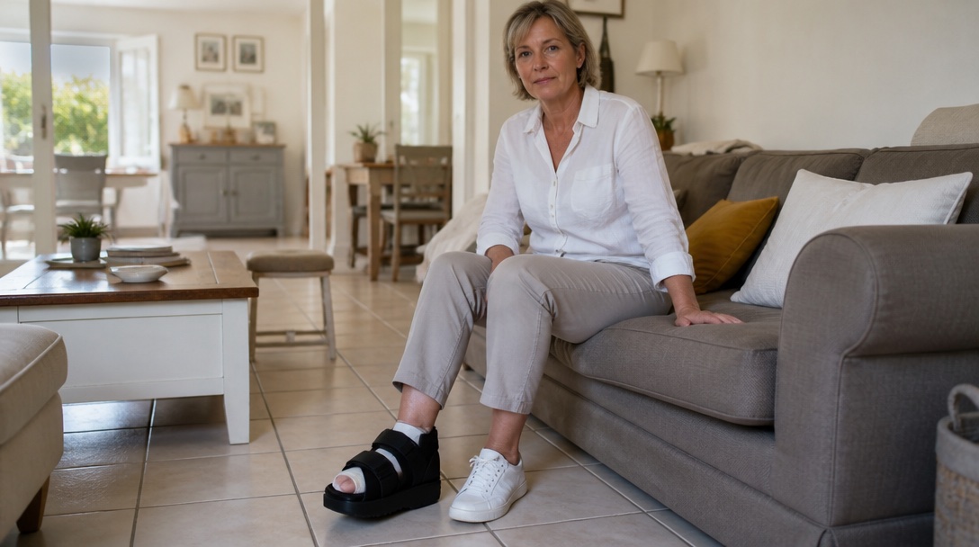 Femme assise sur un canapé, une chaussure de décharge de l’avant-pied au pied droit et une basket au pied gauche